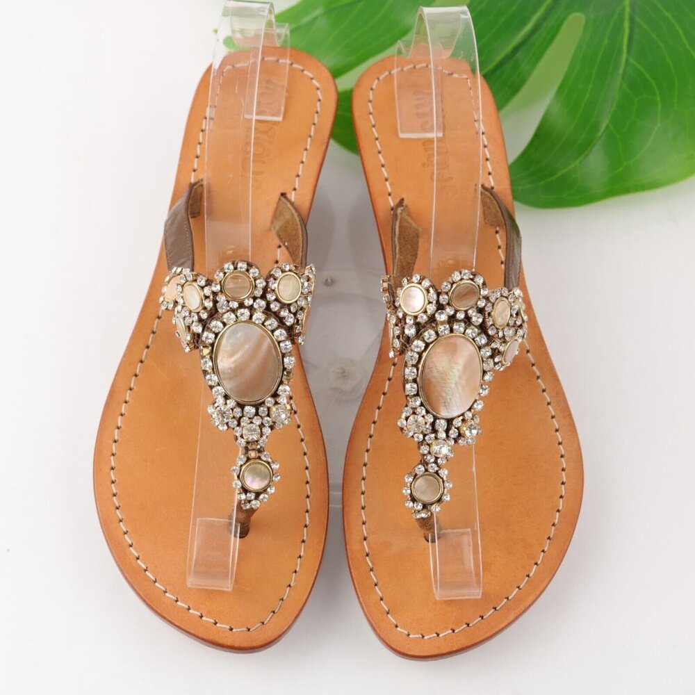 Mistique Women's Jewel Sandal Size 8 Rhinetone Thong Slide Handmade‎ Low Wedge